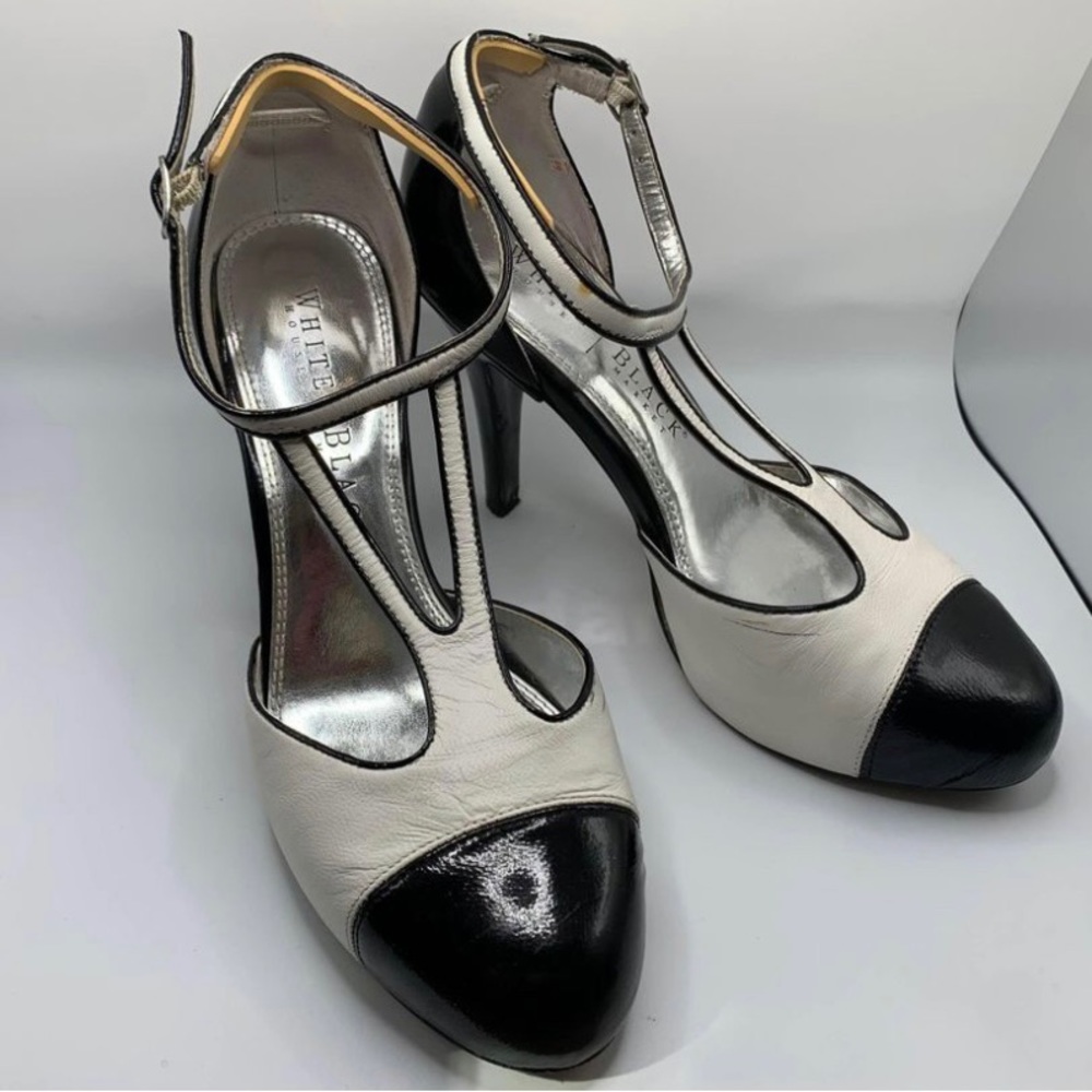 White House Black Market Black/White Patent Leather T-Strap Swing Pumps Size 6.5
